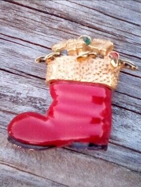 ART Vintage Signed Christmas Stocking Brooch Red Enamel Rhinestones
